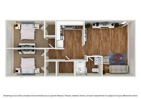 Floor plan for 2 beds, 1 bath, 935 sqft